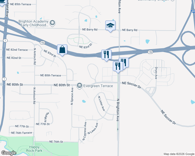 map of restaurants, bars, coffee shops, grocery stores, and more near 8037 North Lawn Avenue in Kansas City