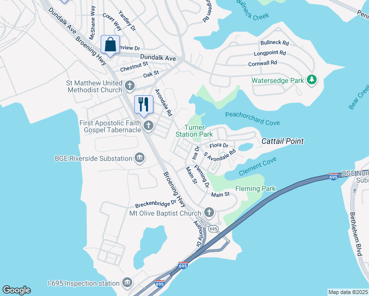 map of restaurants, bars, coffee shops, grocery stores, and more near 413 Maple Lane in Dundalk