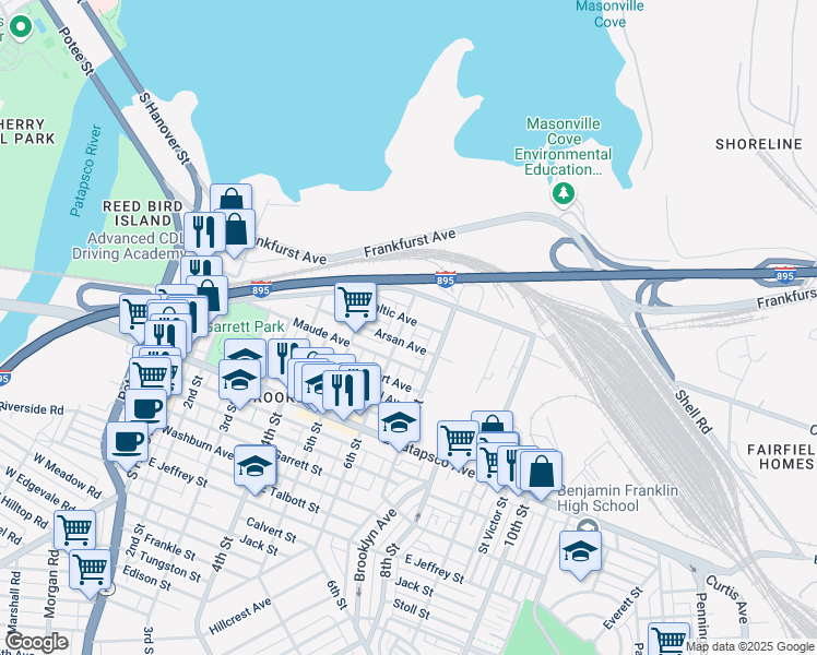 map of restaurants, bars, coffee shops, grocery stores, and more near 3425 6th Street in Baltimore