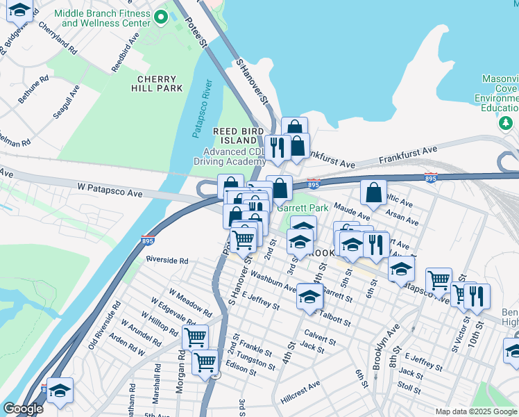 map of restaurants, bars, coffee shops, grocery stores, and more near 3540 South Hanover Street in Baltimore