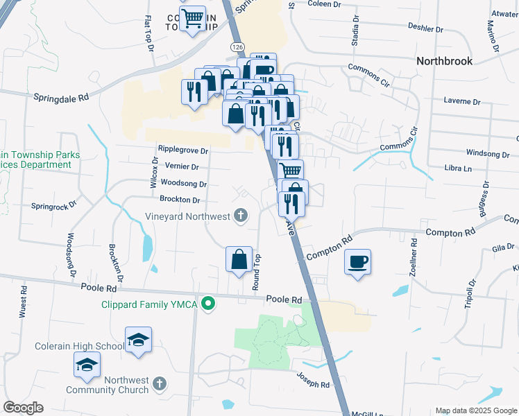 map of restaurants, bars, coffee shops, grocery stores, and more near 9189 Round Top in Cincinnati