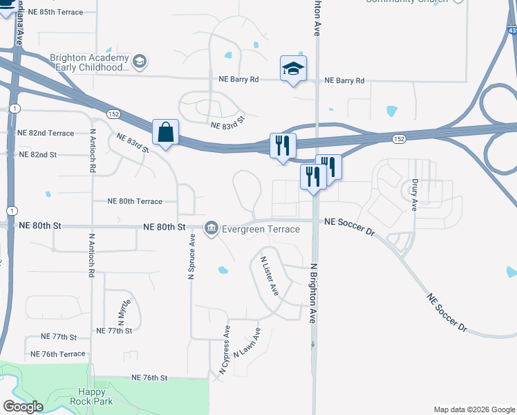 map of restaurants, bars, coffee shops, grocery stores, and more near 8037 North Lawn Avenue in Kansas City