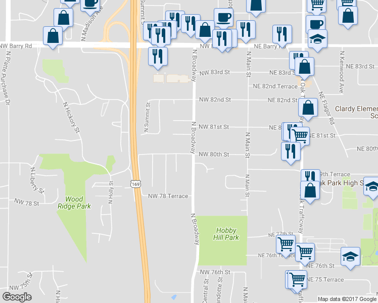 map of restaurants, bars, coffee shops, grocery stores, and more near 8020 North Broadway in Kansas City