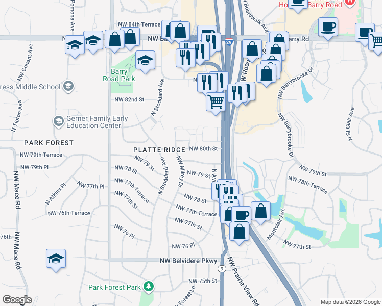 map of restaurants, bars, coffee shops, grocery stores, and more near 7101 Northwest 80th Terrace in Kansas City