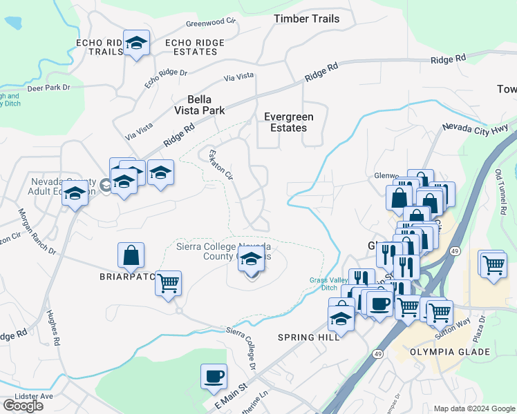 map of restaurants, bars, coffee shops, grocery stores, and more near 553 Eskaton Circle in Grass Valley