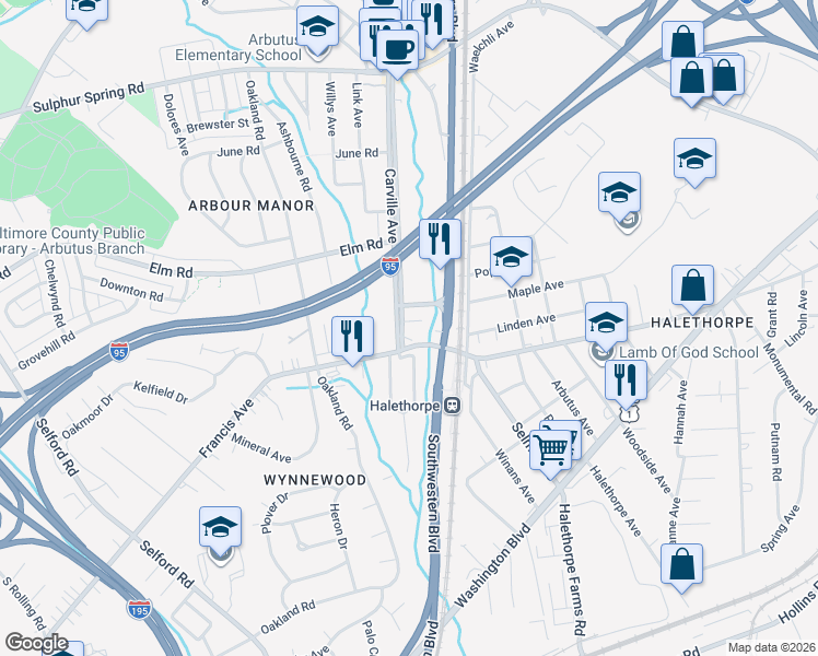 map of restaurants, bars, coffee shops, grocery stores, and more near 5649 Oregon Avenue in Halethorpe