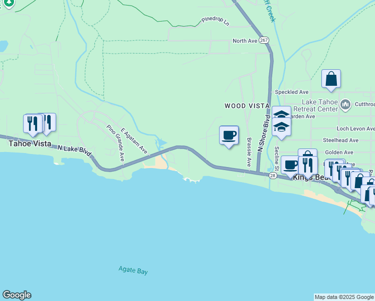 map of restaurants, bars, coffee shops, grocery stores, and more near 7611 North Lake Boulevard in Tahoe Vista