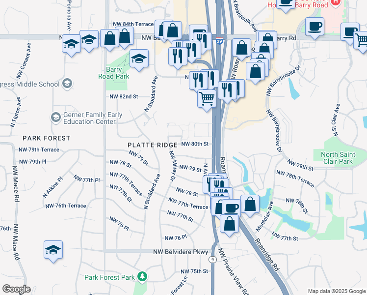 map of restaurants, bars, coffee shops, grocery stores, and more near 7101 Northwest 80th Terrace in Kansas City