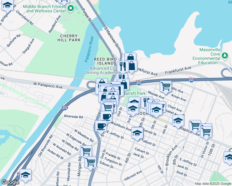 map of restaurants, bars, coffee shops, grocery stores, and more near 3540 South Hanover Street in Baltimore