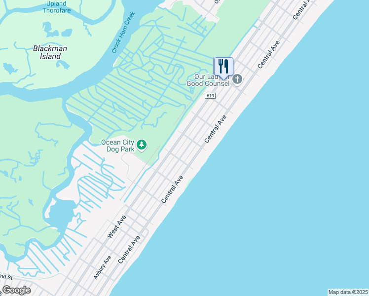 map of restaurants, bars, coffee shops, grocery stores, and more near 4300 Asbury Avenue in Ocean City