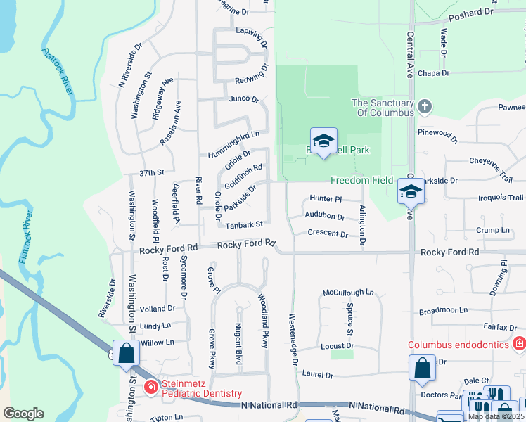 map of restaurants, bars, coffee shops, grocery stores, and more near 3537 Parkside Court in Columbus