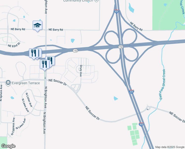 map of restaurants, bars, coffee shops, grocery stores, and more near 5741 Northeast 80th Terrace in Kansas City