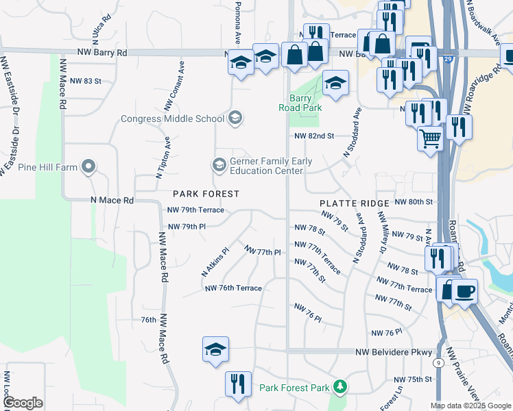 map of restaurants, bars, coffee shops, grocery stores, and more near 7902 Northwest 79th Place in Kansas City