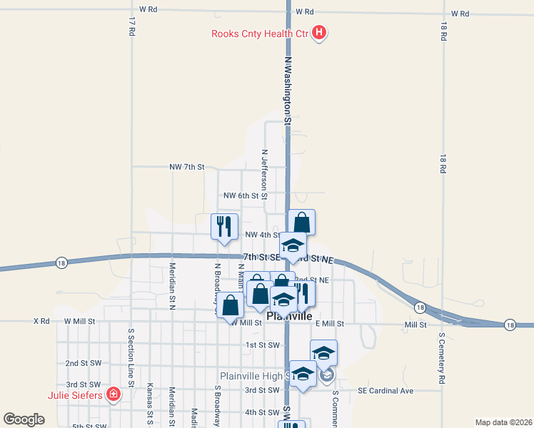 map of restaurants, bars, coffee shops, grocery stores, and more near 601 North Jefferson Street in Plainville