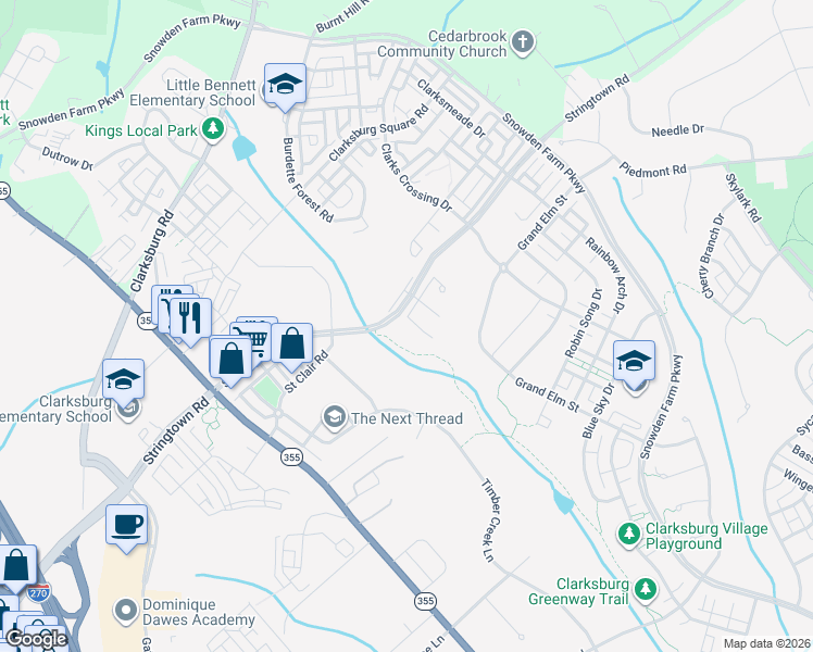 map of restaurants, bars, coffee shops, grocery stores, and more near 23406 Forest Haven Way in Clarksburg