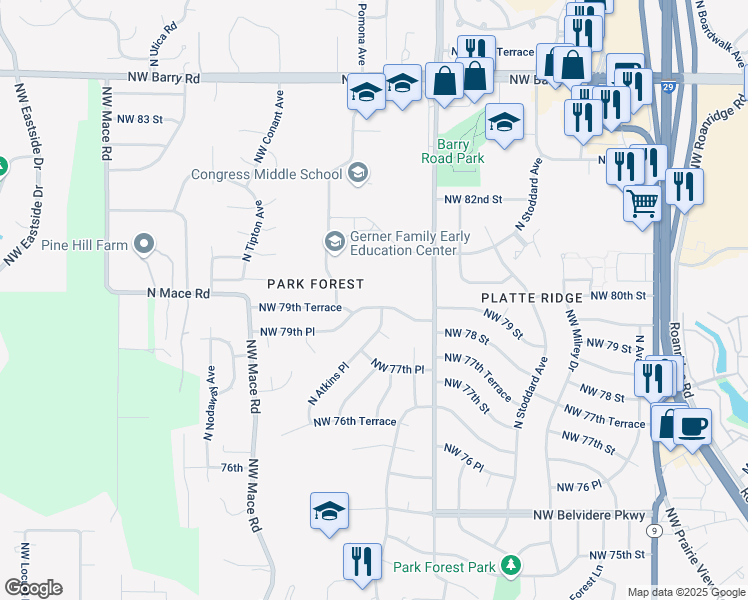 map of restaurants, bars, coffee shops, grocery stores, and more near 7902 Northwest 79th Place in Kansas City