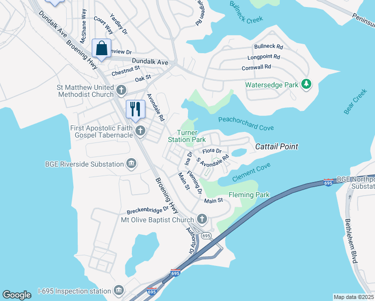 map of restaurants, bars, coffee shops, grocery stores, and more near 511 North Avondale Road in Dundalk