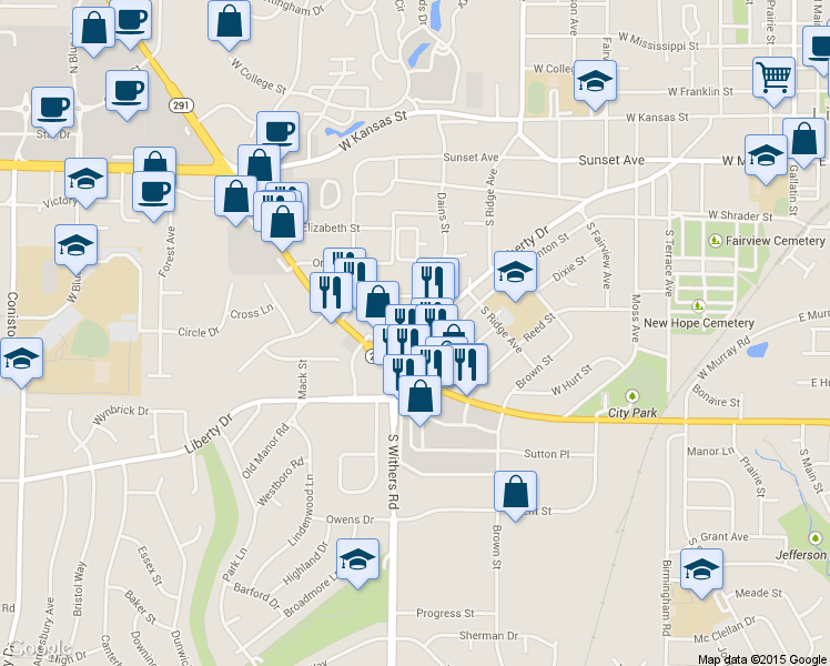 map of restaurants, bars, coffee shops, grocery stores, and more near 902 Liberty Drive in Liberty