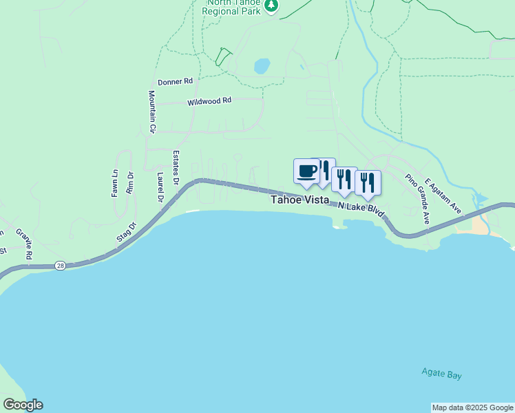 map of restaurants, bars, coffee shops, grocery stores, and more near 6750 North Lake Boulevard in Tahoe Vista