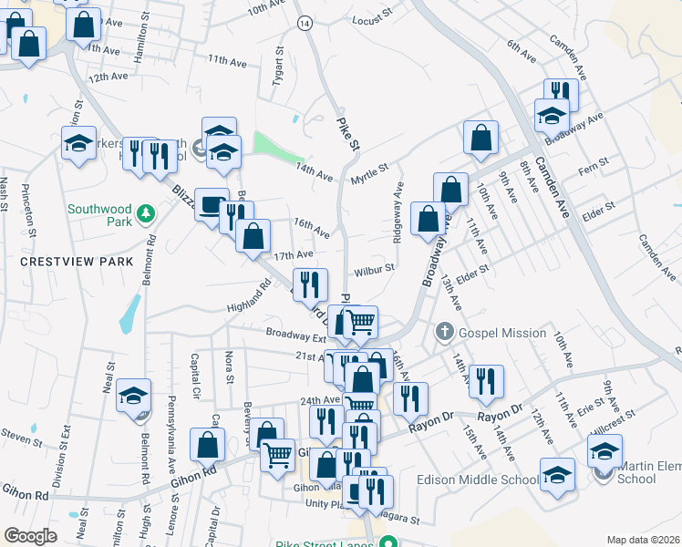 map of restaurants, bars, coffee shops, grocery stores, and more near 2620 17th Ave in Parkersburg