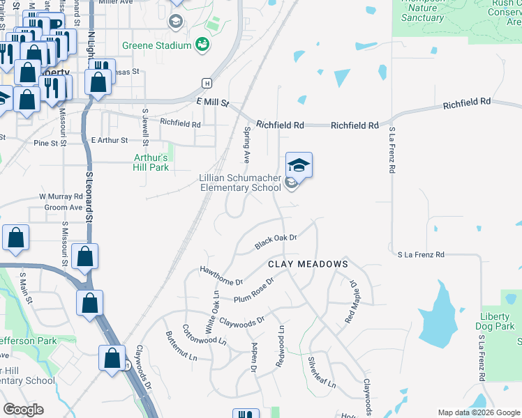 map of restaurants, bars, coffee shops, grocery stores, and more near 833 Spring Court in Liberty