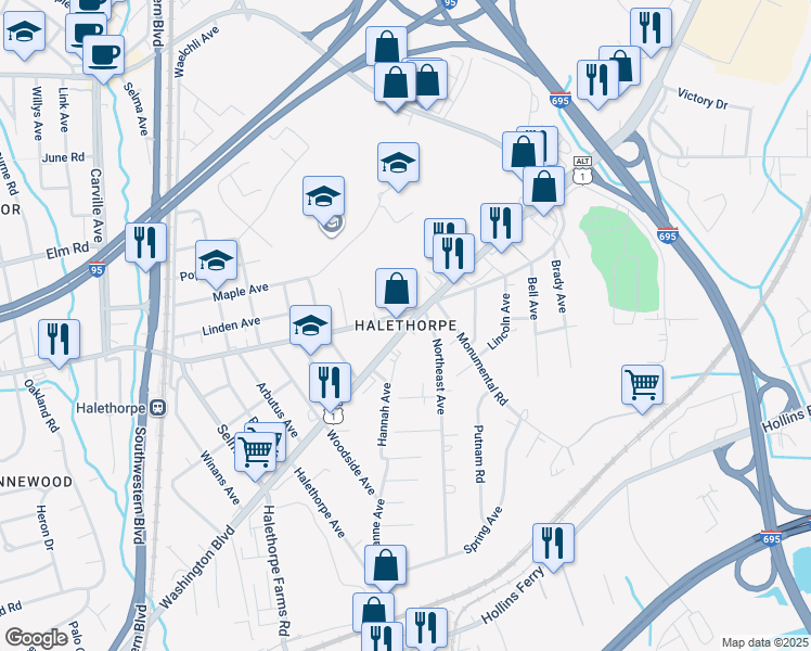 map of restaurants, bars, coffee shops, grocery stores, and more near in Baltimore County