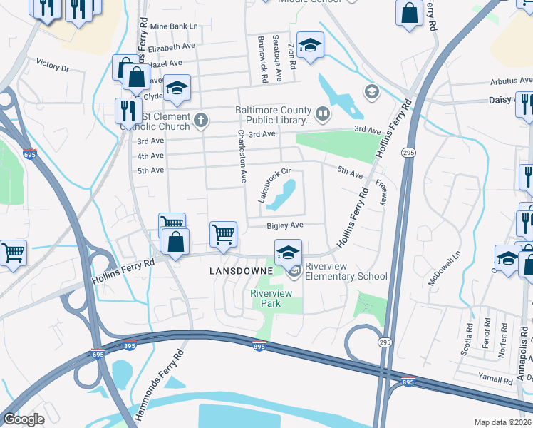 map of restaurants, bars, coffee shops, grocery stores, and more near 2926 Lakebrook Circle in Lansdowne