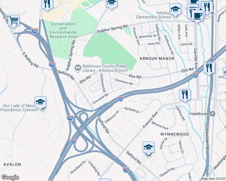 map of restaurants, bars, coffee shops, grocery stores, and more near 1020 Grovehill Road in Halethorpe