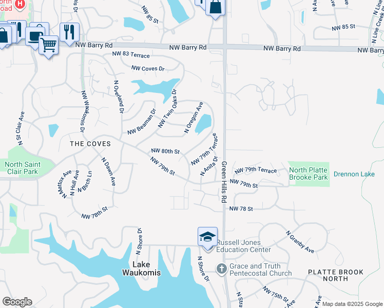 map of restaurants, bars, coffee shops, grocery stores, and more near 8011 North London Drive in Kansas City