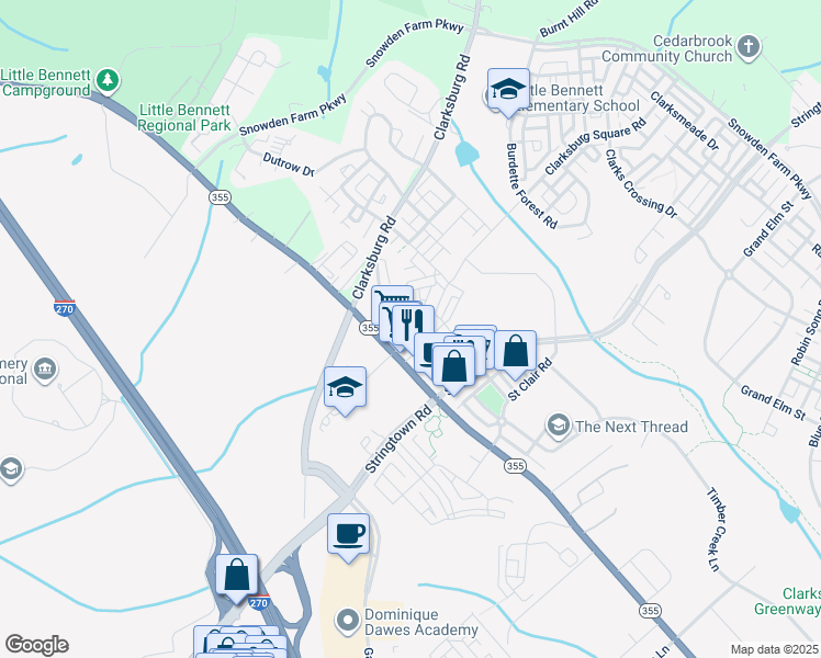 map of restaurants, bars, coffee shops, grocery stores, and more near 13137 Clarksburg Square Road in Clarksburg
