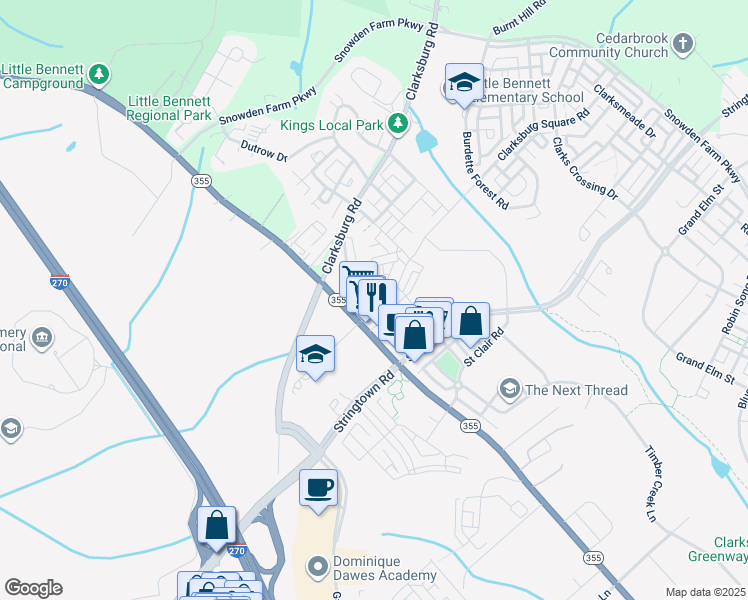 map of restaurants, bars, coffee shops, grocery stores, and more near 13137 Clarksburg Square Road in Clarksburg