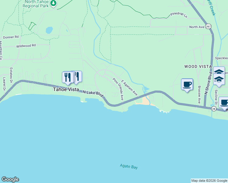 map of restaurants, bars, coffee shops, grocery stores, and more near 312 Snowflake Avenue in Tahoe Vista