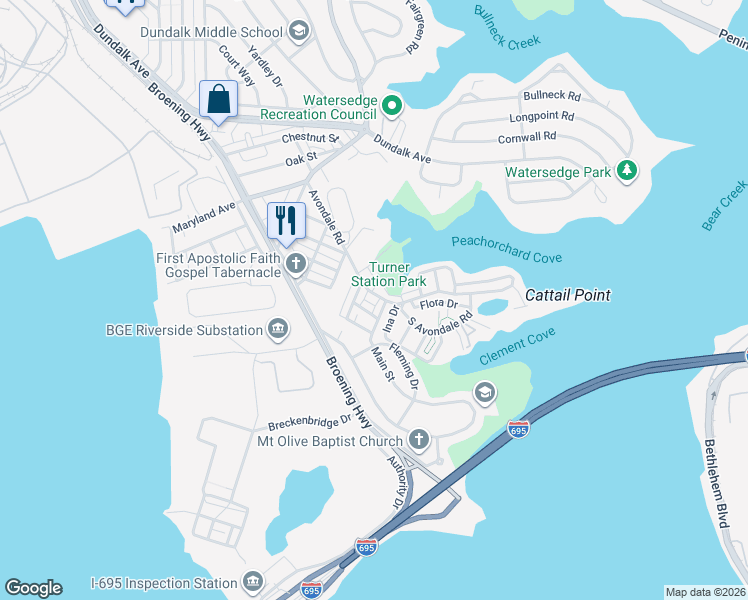 map of restaurants, bars, coffee shops, grocery stores, and more near 414 Avondale Road in Dundalk
