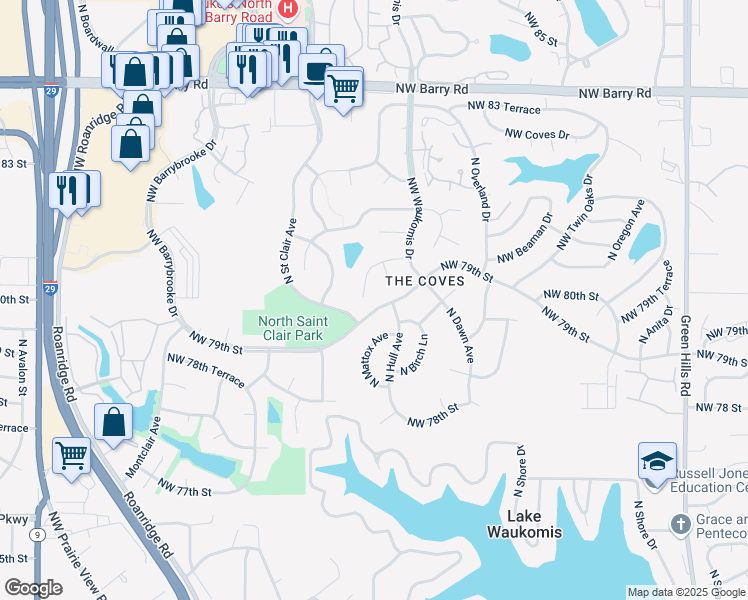 map of restaurants, bars, coffee shops, grocery stores, and more near 7904 North Birch Lane in Kansas City