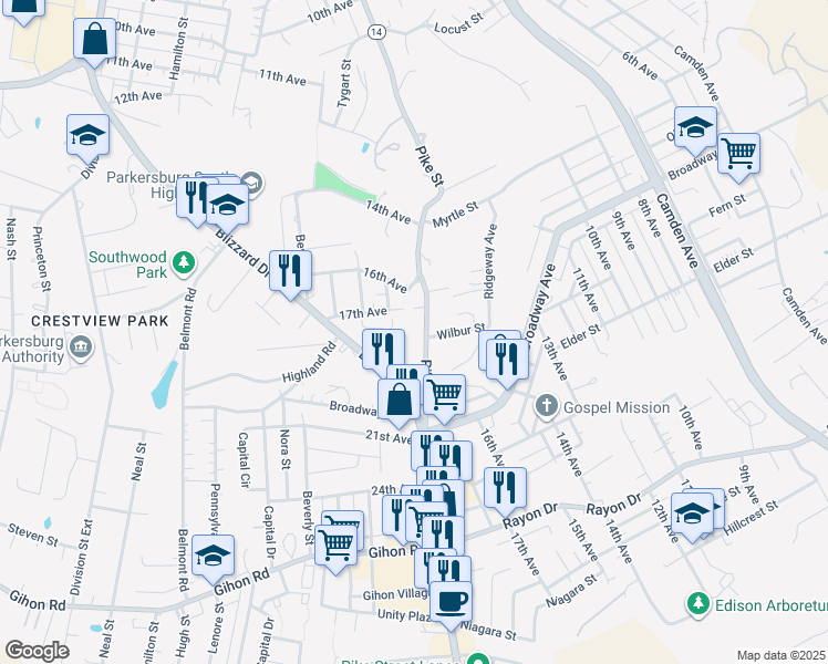 map of restaurants, bars, coffee shops, grocery stores, and more near 2620 17th Ave in Parkersburg