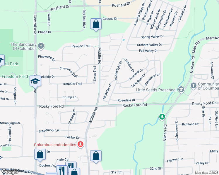 map of restaurants, bars, coffee shops, grocery stores, and more near 2680 Rosewood Lane in Columbus