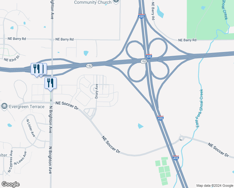 map of restaurants, bars, coffee shops, grocery stores, and more near 5741 Northeast 80th Terrace in Kansas City