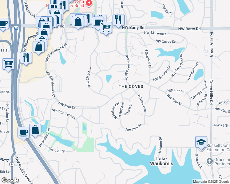 map of restaurants, bars, coffee shops, grocery stores, and more near 7904 North Birch Lane in Kansas City