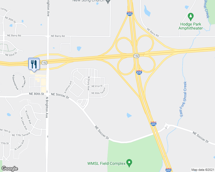 map of restaurants, bars, coffee shops, grocery stores, and more near 5741 Northeast 80th Terrace in Kansas City