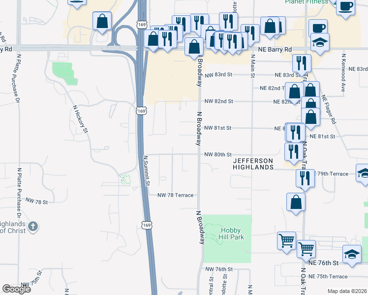 map of restaurants, bars, coffee shops, grocery stores, and more near 516 Northwest 80th Street in Kansas City