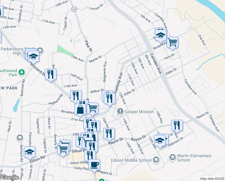 map of restaurants, bars, coffee shops, grocery stores, and more near 1308 Broadway Ave in Parkersburg
