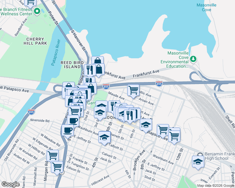 map of restaurants, bars, coffee shops, grocery stores, and more near 601 Freeman Street in Baltimore