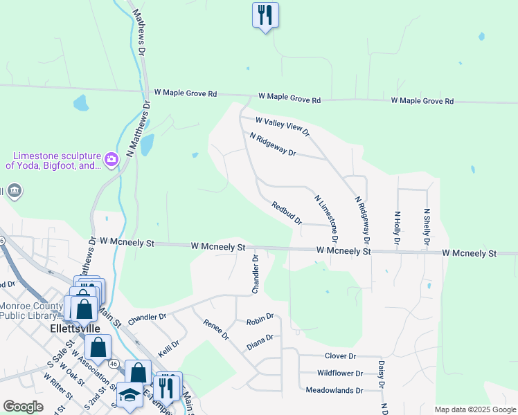 map of restaurants, bars, coffee shops, grocery stores, and more near 1927-1939 Redbud Dr in Ellettsville