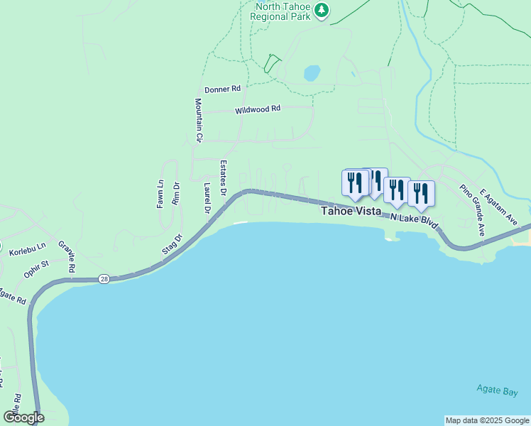 map of restaurants, bars, coffee shops, grocery stores, and more near 6630 North Lake Boulevard in Tahoe Vista