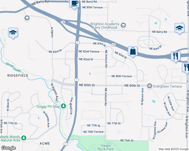 map of restaurants, bars, coffee shops, grocery stores, and more near 3611 Northeast 81st Street in Kansas City