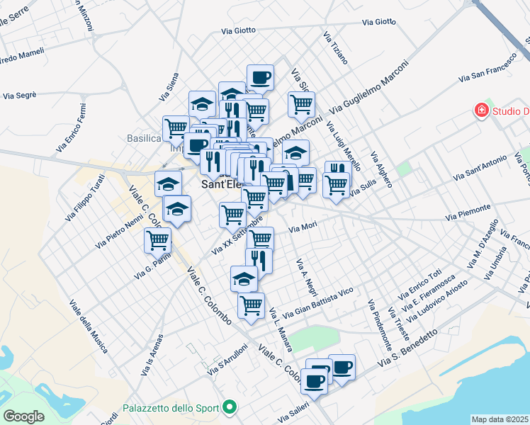 map of restaurants, bars, coffee shops, grocery stores, and more near 5 Via Giuseppe Garibaldi in Quartu Sant'Elena