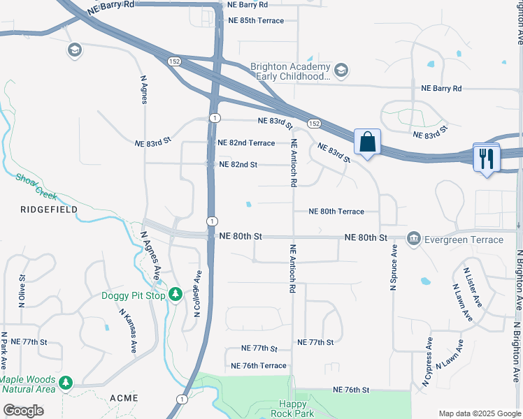 map of restaurants, bars, coffee shops, grocery stores, and more near 3611 Northeast 81st Street in Kansas City