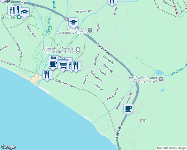 map of restaurants, bars, coffee shops, grocery stores, and more near Mill Creek Road in Incline Village