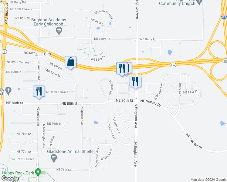 map of restaurants, bars, coffee shops, grocery stores, and more near 8031 North Lawn Avenue in Kansas City