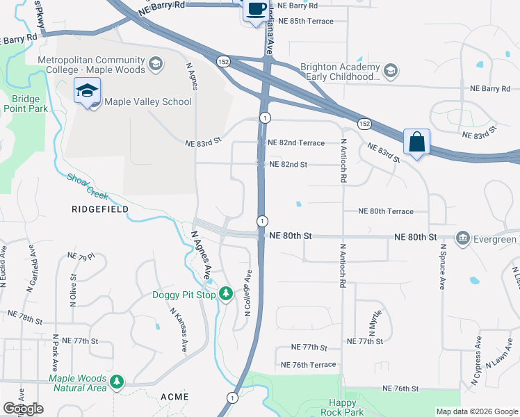 map of restaurants, bars, coffee shops, grocery stores, and more near 8112 Highway 1 in Kansas City